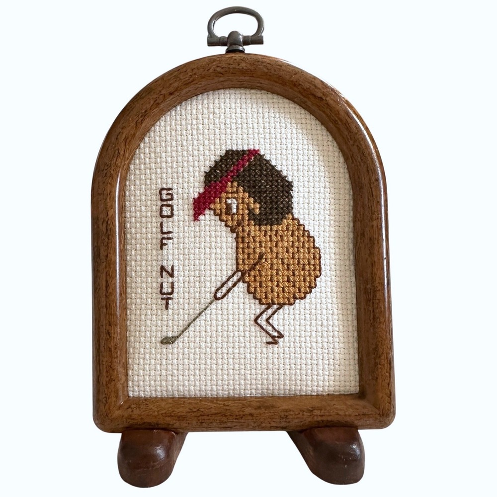 VTG 1993 Golf Cross Stitch Mini Easel Frame Peanut Gift for Golfer Handmade